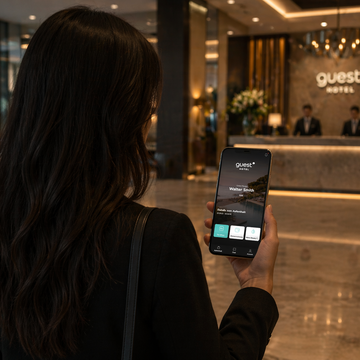 Hotel guest using a digital guest directory on their smartphone
